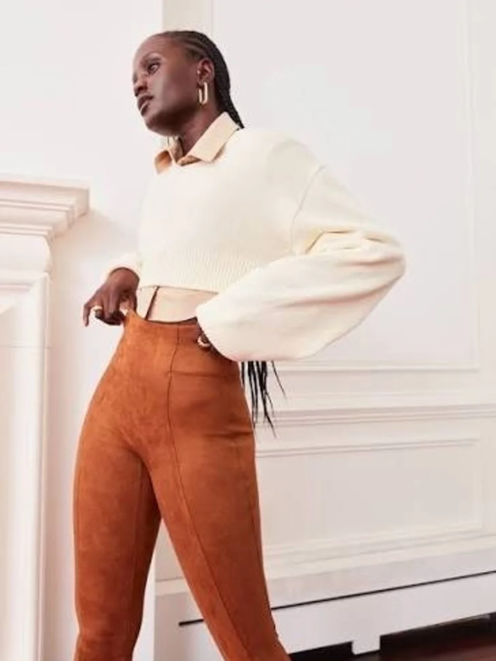 High-Rise Faux-Suede Leggings in Caramel Brown